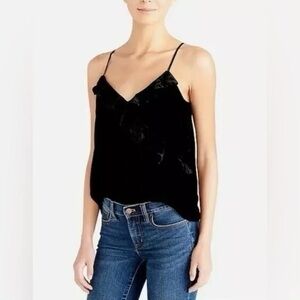 J.crew Size Small Black Crushed Velvet Ruffle V-Neck Cami Tank Top